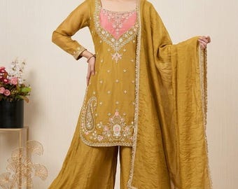 Conjunto de salwar kameez multicolor de diseñador con bordado de lentejuelas, top palazzo, traje de fiesta, atuendo para bodas y festividades, traje pakistaní