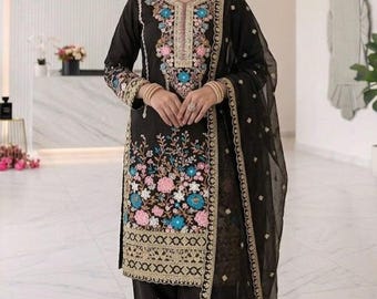 Conjunto de salwar kameez y dupatta de seda chinon negra bordada, palazzo con lentejuelas, traje étnico indio