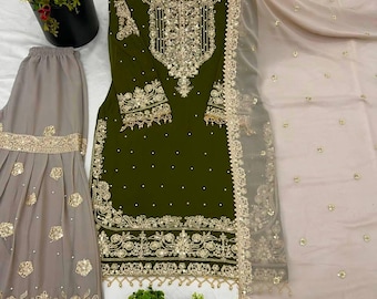 New Designer Mehndi Green Georgette Embroidered With Sequence Work Salwar kameez with Dupatta, Wedding Sharara, PartyWear Dress, Ethnic Suit