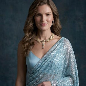 Puede incluir: Una mujer con un sari azul claro con lentejuelas y un top a juego. Lleva un collar y pendientes dorados. El fondo es azul oscuro.