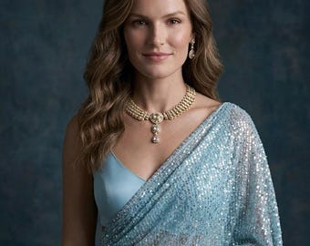 Sky Blue Georgette Saree, Sequin Embroidery, Cutwork Lace Border