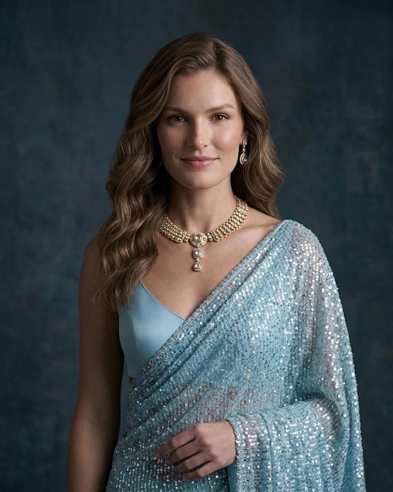 Puede incluir: Una mujer con un sari azul claro con lentejuelas y un top a juego. Lleva un collar y pendientes dorados. El fondo es azul oscuro.
