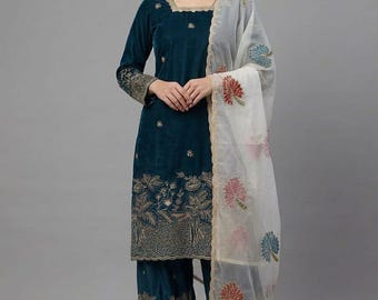 Schöne Blaue Designer bestickt mit Sequelion Arbeit Soft Fabric Salwar Kameez mit Dupatta, Party Wear Farshi shalwar, Hochzeitsanzug