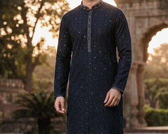 Men's Silk Kurta Pajama Set, Embroidered Bollywood Wedding Wear
