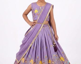 Girls Lavender Silk Lehenga Choli, Sequence Embroidery, Ready to Wear Traditional Dress