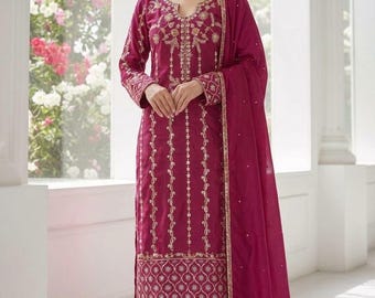 Geborduurde crêpezijde, salwar kameez met dupatta, Indiaas etnisch kostuum