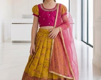 Girls' Lehenga Choli, Mustard Zari Skirt, Magenta Blouse, Festive Wear