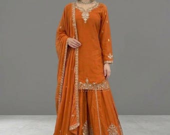 Women's Designer Heavy Crepe Silk Embroidered With Sequence Work Salwar kameez with Dupatta, Wedding Palazzo, Party Wear Dress, Ethnic Suit