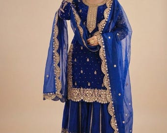 Pakistani Designer Royal Blue Embroidered With Sequence Work Salwar kameez with Dupatta, Wedding Sharara, Party Wear Dress, Ethnic Suit Eid