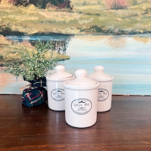 Puede incluir: Tres botes de especias de cerámica blanca con tapas, cada uno con la etiqueta "Spice Pot" en un óvalo negro. Un pequeño manojo de vegetación envuelto en tela a cuadros está a la izquierda. El fondo es una pintura de paisaje.