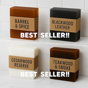 Handmade Men&#39;s Soap Gift Set: Blackwood Leather, Teakwood, Cedarwood, Bourbon