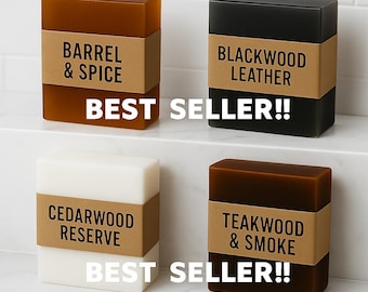 Best Seller Handmade Men's Soap Gift Set: Blackwood Leather, Teakwood, Kentucky Bourbon , Cedarwood, Ships Free, includes soap saver