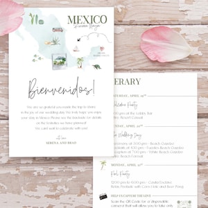 May include: A wedding invitation with a watercolor map of Mexico, featuring a welcome message in Spanish, "Bienvenidos!" and a wedding itinerary with details for a welcome party, wedding day, and pool party. The invitation includes the names Serena and Brad.