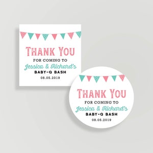 Baby-Q Bash Custom Favor Sticker 2 Circle or 2 Square Baby Shower, Wedding or Birthday C09BY-TAG01 image 1