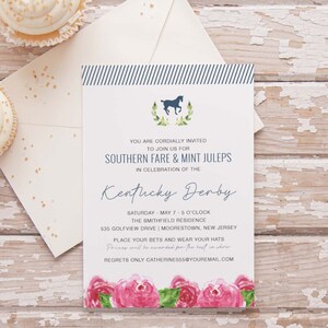 May include: A white invitation with blue and white stripes at the top. The invitation is for a Kentucky Derby party with Southern fare and mint juleps. The invitation includes the date, time, and location of the party. The invitation also includes a silhouette of a horse with a wreath around it.