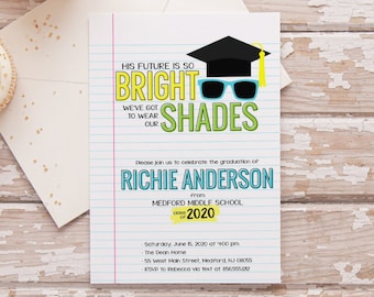 May include: Graduation party invitation with a cartoon illustration of a graduation cap and sunglasses. The text reads "His future is so bright we've got to wear our shades". The invitation is for Richie Anderson from Medford Middle School, class of 2020. The invitation includes the date, time, location, and RSVP information.