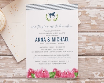 May include: A wedding invitation with a blue and white striped background. The invitation features a silhouette of a horse with a floral wreath, and the text "and they're off to the altar." The invitation is decorated with pink watercolor flowers.