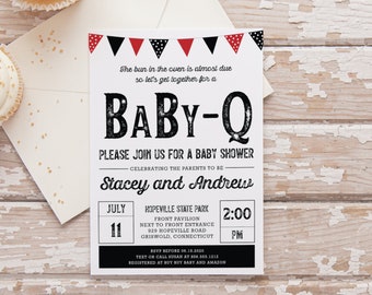 May include: A black and white baby shower invitation with red and white polka dots. The invitation reads "The bun in the oven is almost due so let's get together for a BABY-Q". It also includes the names "Stacey and Andreus", the date "July 11", the time "2:00 PM", and the location "Hopeville State Park, Front Pavilion, Next to Front Entrance, 929 Hopeville Road, Griswold, Connecticut".
