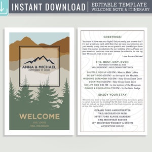 Carta de bienvenida de boda en el campamento para huéspedes del hotel - Boda en la montaña - Plantilla editable #C13-WNA9-IDE