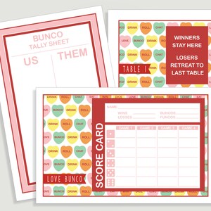 May include: A set of Bunco game sheets with a white background and red borders. The sheets include a tally sheet, score cards, and table cards. The table cards have text that reads "Winners Stay Here" and "Losers Retreat to Last Table."