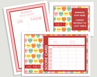 Valentine&#39;s Day Bunco Score Card Set - Candy Hearts - Conversation Hearts -  Tally Sheet and Table Cards - Instant Download -  #00102-ID