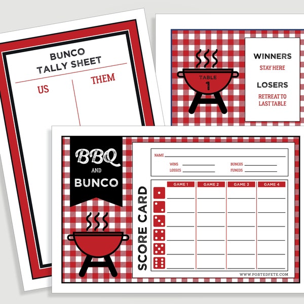 BBQ  Bunco Score Card Set - Summer BUNCO Includes - Us Them Tally Sheet and Table Cards - Instant Download -  #00113-15-ID