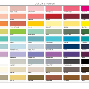 May include: A color chart with 72 different color swatches, each labeled with a name. The colors are arranged in rows and columns, and the chart is titled "Color Choices".