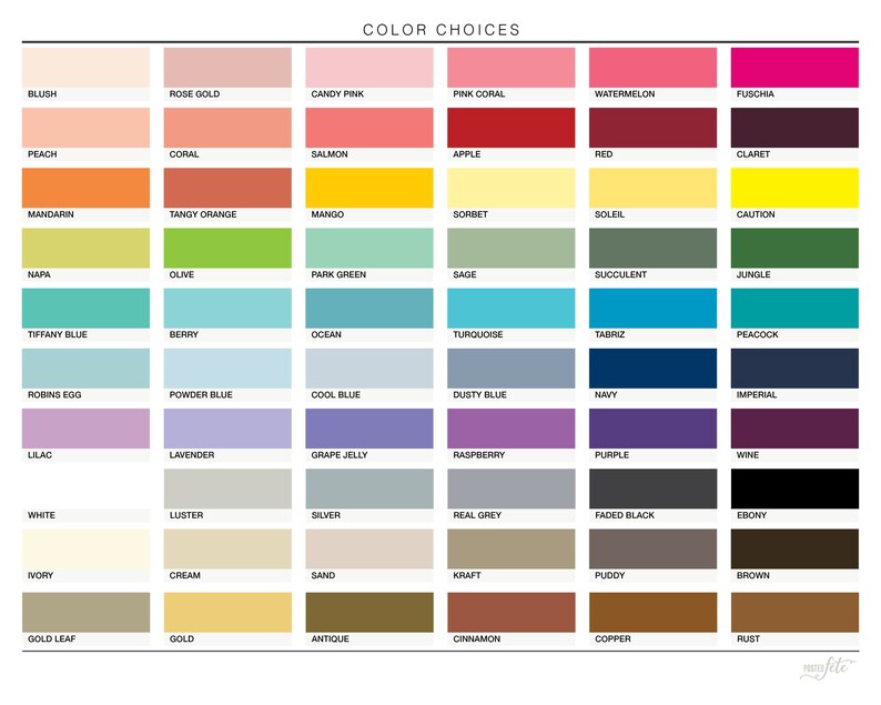 May include: A color chart with 72 different color swatches, each labeled with a name. The colors are arranged in rows and columns, and the chart is titled "Color Choices".