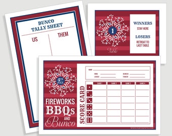 Fourth of July  Bunco Score Card Set - Summer BUNCO Includes - Us Them Tally Sheet and Table Cards - Instant Download -  #00113-05-ID