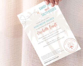 May include: A white invitation with a tropical theme for a honeymoon shower. The invitation features palm trees, airplanes, and the text "Sandy Toes and Salty Kisses". The invitation is for Michelle Banft and is scheduled for Saturday, May 04, 2025 at 11 o'clock at the Prestige Banquet Center, 1029 Whitney Ranch, Henderson, Nevada. The RSVP deadline is April 1, 2025. The email address for RSVP is MRMRSSTEINFELD@YOUREMAIL.COM. The invitation also includes a small stamp with the text "Michelle & Brandon Honeymoon April 2025 Dominican Republic".