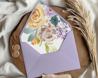 Purple Floral Envelope Liner with Euroflap A7 Envelope—fits 5x7 Wedding Invitation