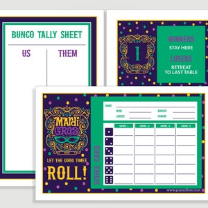 Mardi Gras Bunco Score Card Set - New Orleans -  Tally Sheet and Table Cards - Instant Download -  #00113-MG-ID