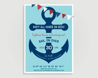 May include: A blue and white anchor with red and white bunting above it. The text reads "Ahoy! All Hands On Deck! Captain Lucas is turning one! Sail On Over July 30 1 PM SS. Voell 13 Main Street, Newark, Delaware N 39° 46' 5.3" W 75° 44' 18.7" RSVP by July 20th to 8565551212 or momma@youremail.com"