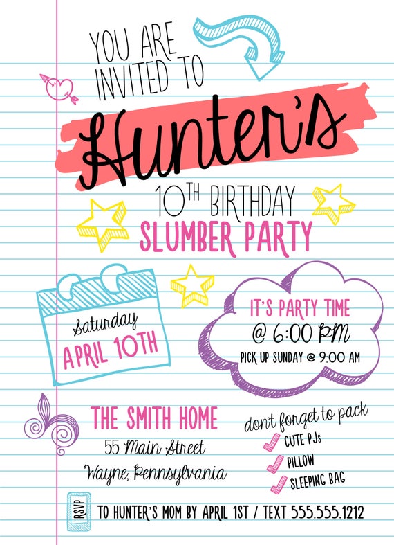 sleep over invite notebook doodle tween birthday party invitation personalized printable file or print package available 00292 pia7 tween birthday party invitations