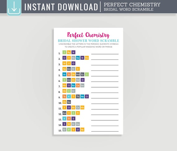 Bridal Word Scramble - Perfect Chemistry Theme Bridal Shower Game - Geek - Digital Files #C07C-GC01-ID Il_570xn