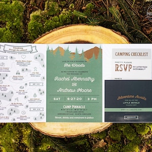 Camping Hochzeit Einladungen - Wandern Hochzeitseinladung - Lager Thema - Abenteuer erwartet Hochzeit in den Bergen - #C13-WS