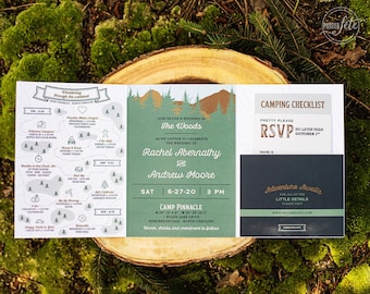 May include: A wedding invitation with a woodland theme. The invitation features a map of the wedding venue, Camp Pinnacle, with activities and times listed. The invitation also includes a checklist for guests to RSVP and a section for adventure details.