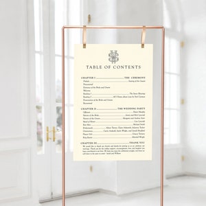 May include: A white table of contents sign with a gold frame and a black monogram. The sign lists the order of events for a wedding ceremony and reception. The text includes "Chapter 1: The Ceremony", "Chapter 2: The Wedding Party", and "Chapter 3: Thank You".