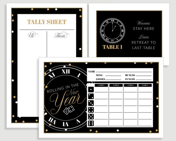 New Years Eve Bunco Cards - Rolling in the New Year - Us Them Tally Sheet and Table Cards - Instant Download - #C15-BUN-ID Il_570xn