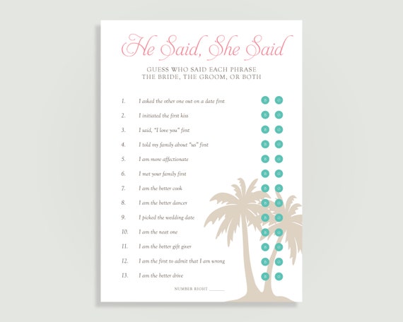 He Said She Said Bridal Shower Game Card Honeymoon Shower