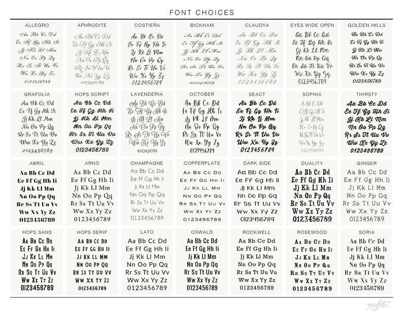 May include: A chart of different font styles with the names of each font listed below. The font styles are shown with the numbers 0123456789 and the letters Aa Bb Cc Dd Ee Ff Gg Hh Ii Jj Kk Ll Mm Nn Oo Pp Qq Rr Ss Tt Uu Vv Ww Xx Yy Zz.