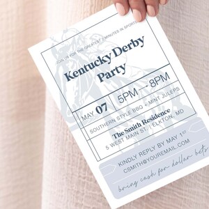 May include: A white invitation card with blue text for a Kentucky Derby party. The invitation includes the date, time, location, and dress code. It also includes the text "bring cash for dollar bets".