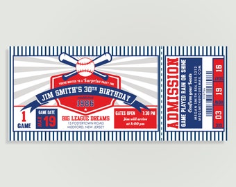 Baseball Ticket Invitation - Birthday - Baseball Theme Birthday - Personalized Printable File or Print Package - #00128-PI10