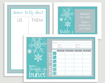 Winter Bunco Score Card Set - Snow - Us Them Tally Sheet and Table Cards - Instant Download -  #00102-ID