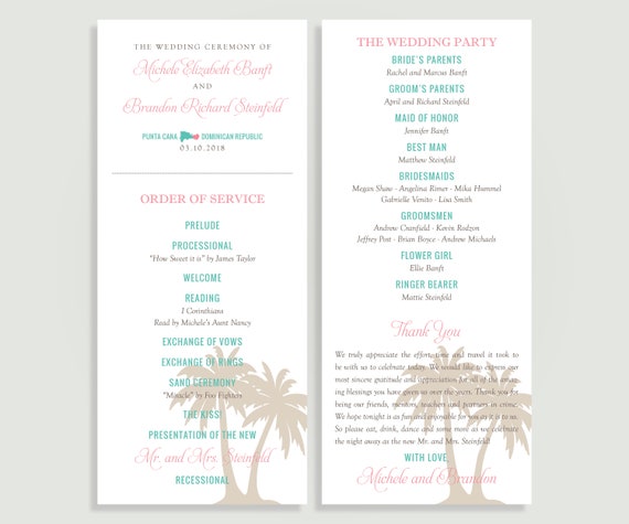Destination Wedding Program Beach Dominican Republic Etsy