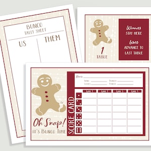 Christmas Bunco Score Card Set - Oh Snap Gingerbread Man - Us Them Tally Sheet and Table Cards - Instant Download -  #00113-ID