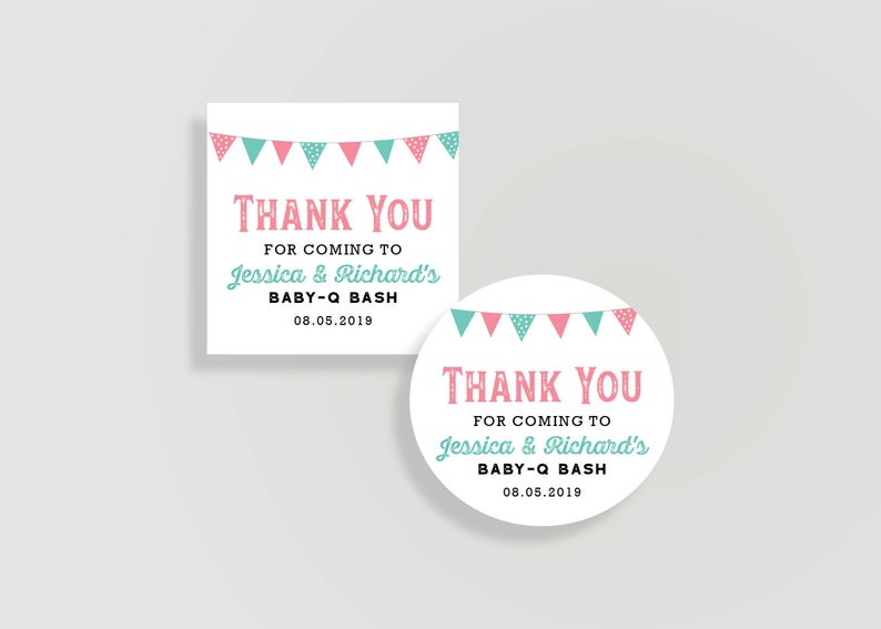 Baby-Q Bash Custom Favor Sticker 2 Circle or 2 Square Baby Shower, Wedding or Birthday C09BY-TAG01 image 1