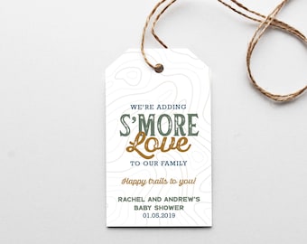 S'more Love Baby Shower Favor Tag Printed - We're adding S'more Love to Our Family - Camp Theme