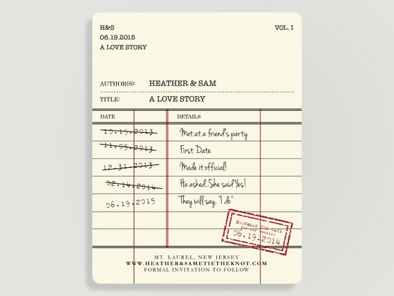 library card save the date timeline magnet and kraft paper avail personalized printable file or printed a love story 00011 stda2 library card save the date