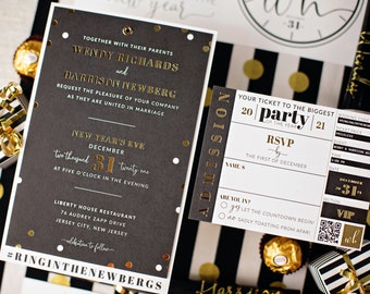 New Years Eve Wedding Invitations - Gold Foil Printed Confetti - NYE